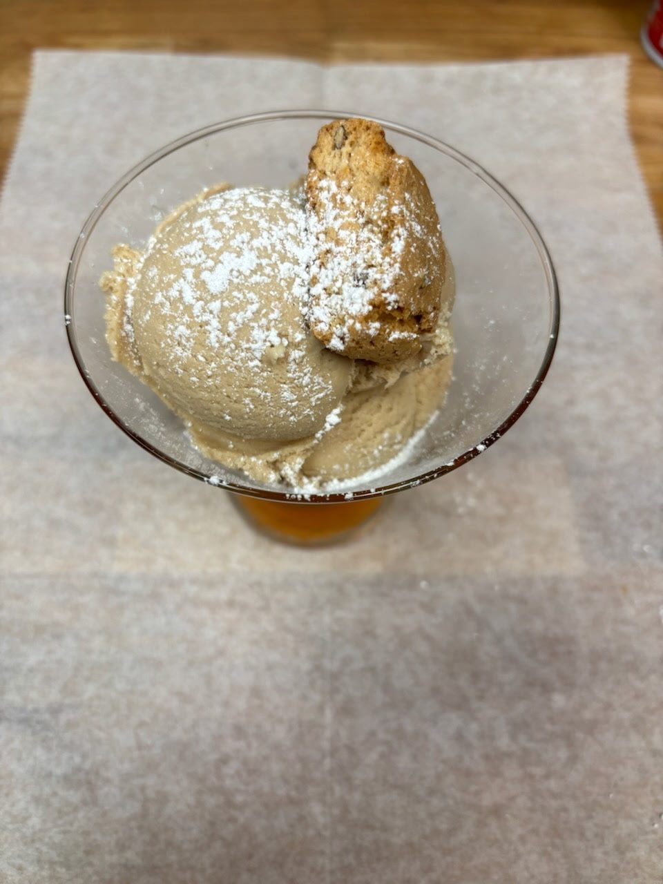 Ice cream dessert dusted with powdered sugar